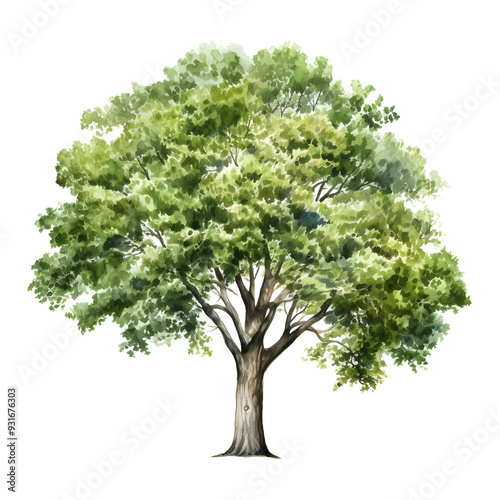 Mature Elm Tree with Lush Green Foliage in Watercolor Painting photo