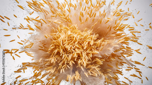 Rice grains flying in the air explosion splash isolated on white background. photo