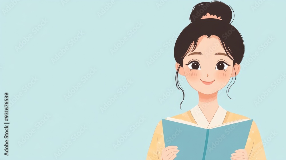 Cartoon character of a Korean woman holding a blue paper Cartoon character of a Korean woman holding a blue paper