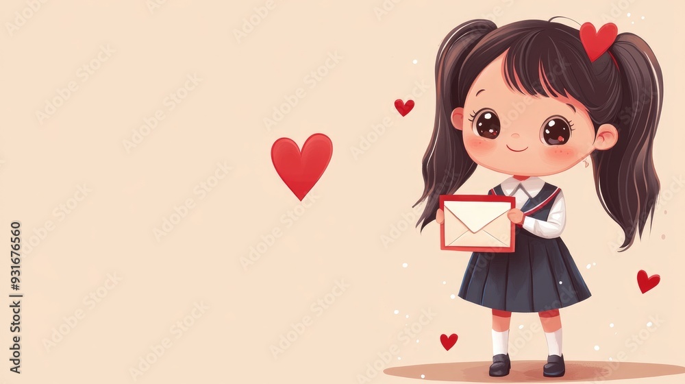 Adorable cartoon girl in school uniform holding a love letter in her hand Adorable cartoon girl in school uniform holding a love letter in her hand