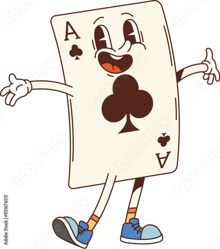 Retro groovy casino poker card character. Isolated cartoon vector Ace of clubs personage with a wide smile, ready to bring fun to gamble game night. Funny gaming card with big happy eyes and sneakers