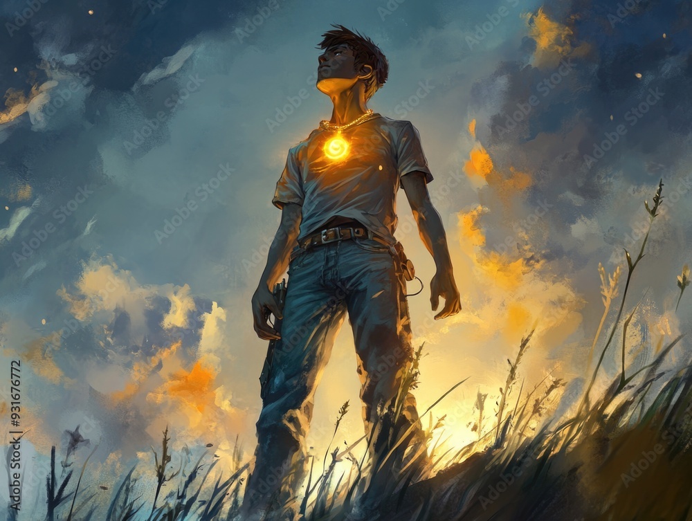 Heroic Young Man with Glowing Pendant in Majestic Sunset Landscape Heroic Young Man with Glowing Pendant in Majestic Sunset Landscape