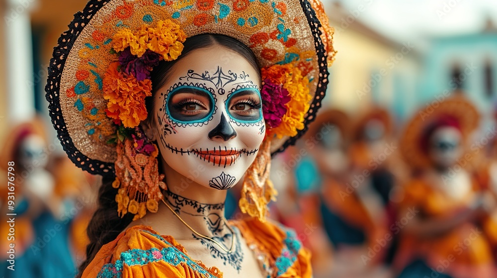 A group of dancers in traditional Day of the Dead costumes performing in a square A group of dancers in traditional Day of the Dead costumes performing in a square