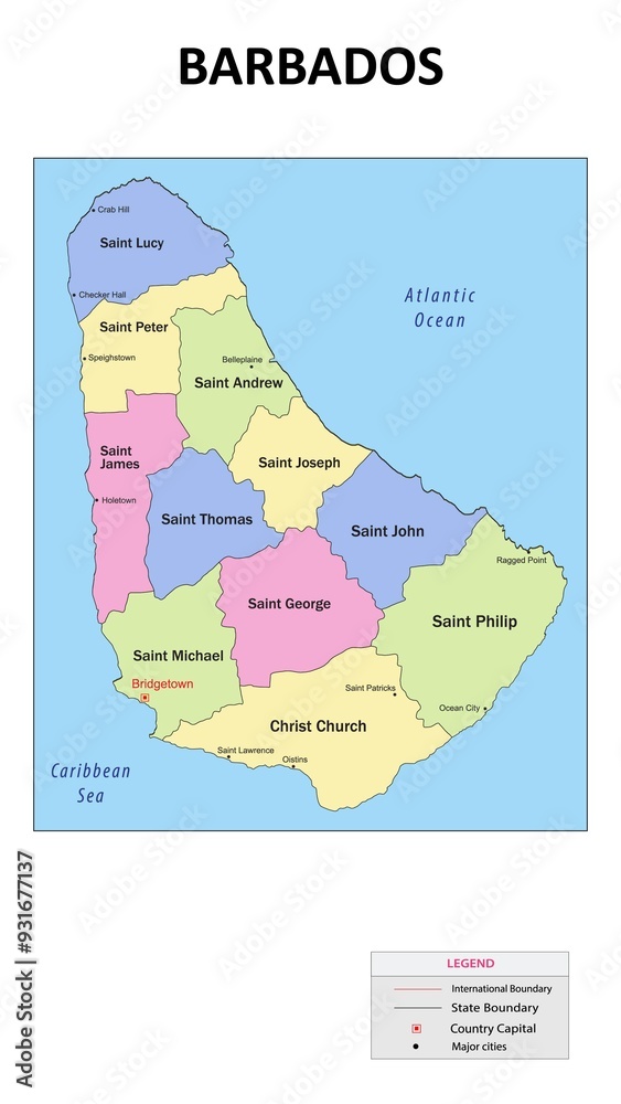 Fototapeta premium Barbados Map. State and union territories of Barbados with neighbouring countries. Political map of Barbados with capital and important cities in Detailed.