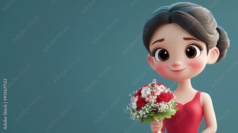 Adorable 3D cartoon bridesmaid in a red dress holding a wedding bouquet Adorable 3D cartoon bridesmaid in a red dress holding a wedding bouquet