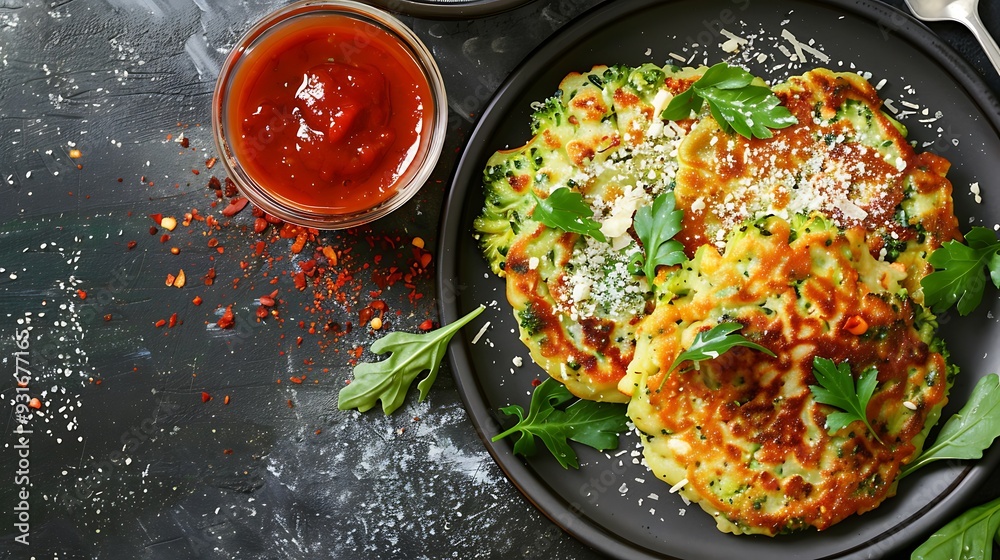 Fried broccoli fritters or pancakes with parmesan and cheese Fried broccoli fritters or pancakes with parmesan and cheese