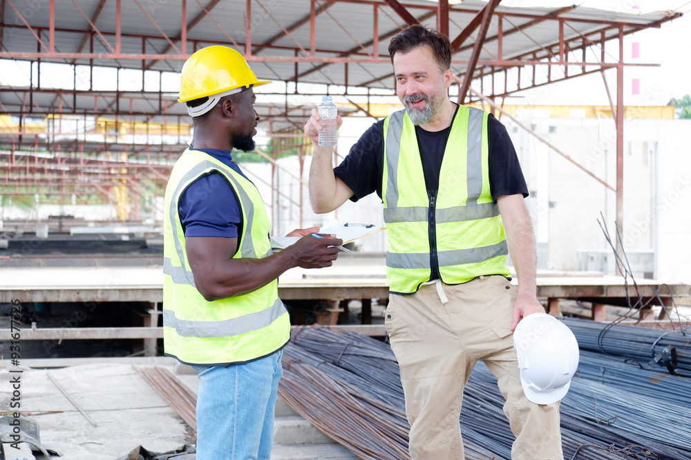Engineer stands drinking water and working at construction site. Engineer stands drinking water and working at construction site.
