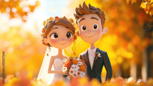charming 3d cartoon couple celebrating their wedding day in a colorful autumn setting