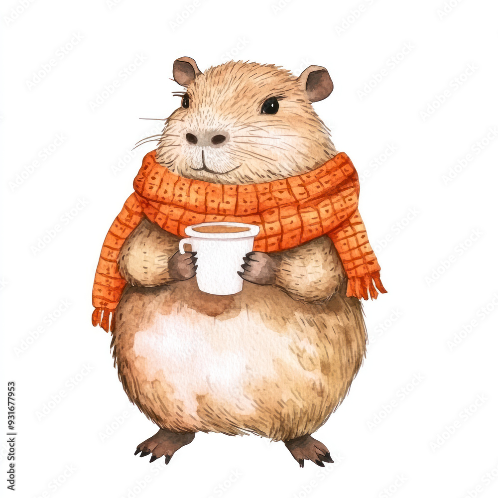 Obraz premium Cute capybara wearing orange knitted scarf and holding mug of coffee. Adorable capybara with tea cup. Trendy autumn sticker, print, card design. Watercolor illustration isolated on white background