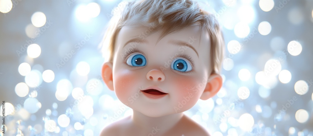 Adorable 3D cartoon baby with soft skin chubby cheeks and big blue eyes surrounded by a dreamy white bokeh Adorable 3D cartoon baby with soft skin chubby cheeks and big blue eyes surrounded by a dreamy white bokeh