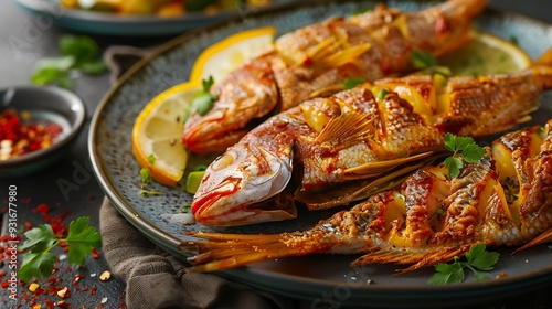 fried red mullet fish plate on table photo