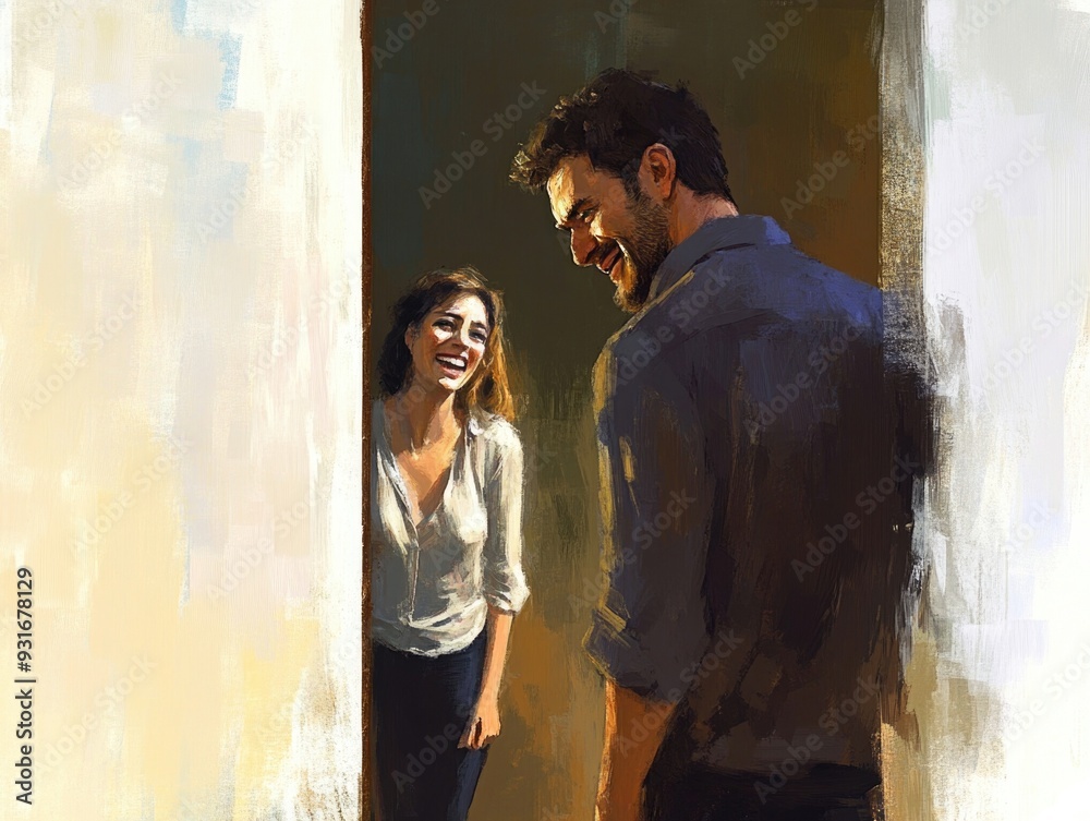 Couple Laughing and Smiling at Doorway - Joyful Interaction in Contemporary Art Style Couple Laughing and Smiling at Doorway - Joyful Interaction in Contemporary Art Style