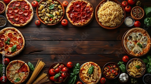 Delicious Italian food double border Group of pizzas and pastas Top down view on a dark wood banner background Copy space : Generative AI