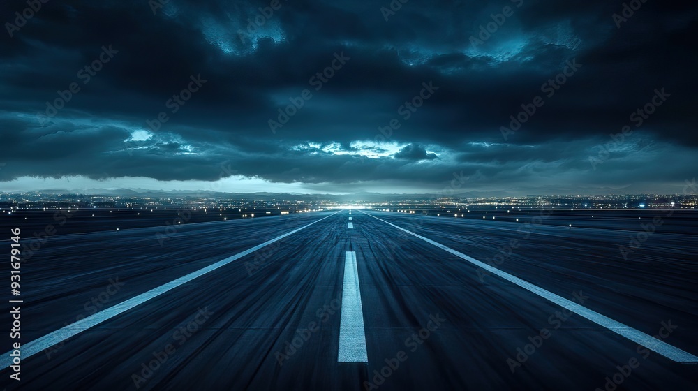 Empty airport runway at night with distant city lights, wide-angle lens capturing vast spaces. AI generated illustration Empty airport runway at night with distant city lights, wide-angle lens capturing vast spaces. AI generated illustration