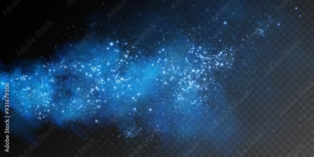 Obraz premium Fantastic smoke background. Magic smoke with glitter and small particles of twinkling stars, fog with luminous particles, blue vapor with stardust. Vector illustration. 
