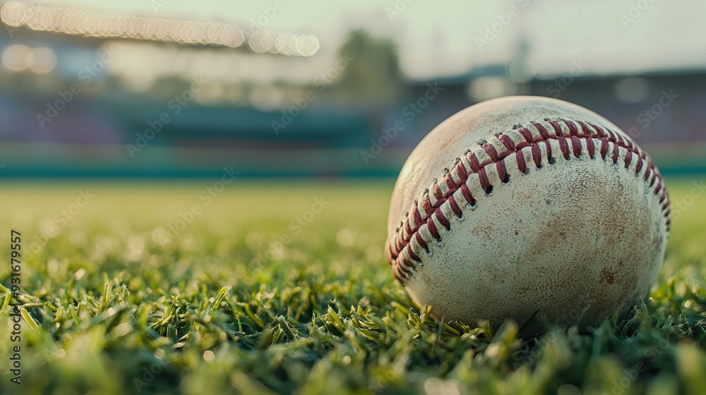 Close-Up of an Old Baseball on Grass with Stadium Background. AI generated illustration Close-Up of an Old Baseball on Grass with Stadium Background. AI generated illustration