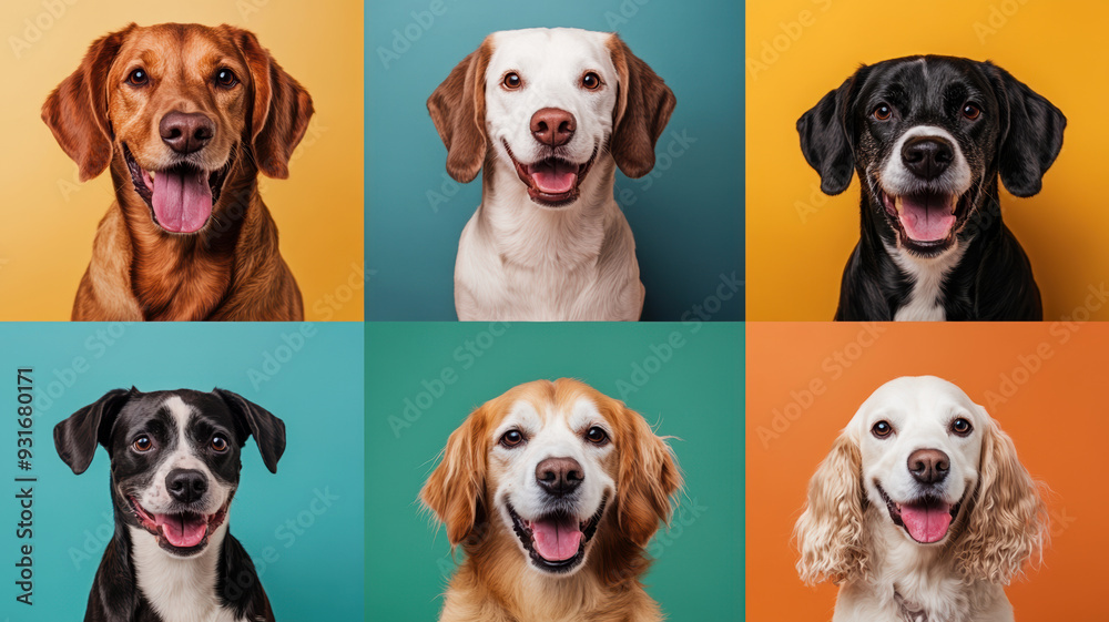 A high-quality collage featuring portraits of nine distinct and recognizable dog breeds, each captured in professional, joyful pet photography.