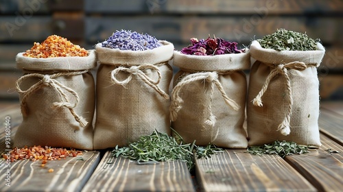 Botanical blends in cotton bags salt herbs essencial oils for naturopathy Natural remedy herbal medicine blends for bath and tea on wooden table background : Generative AI photo