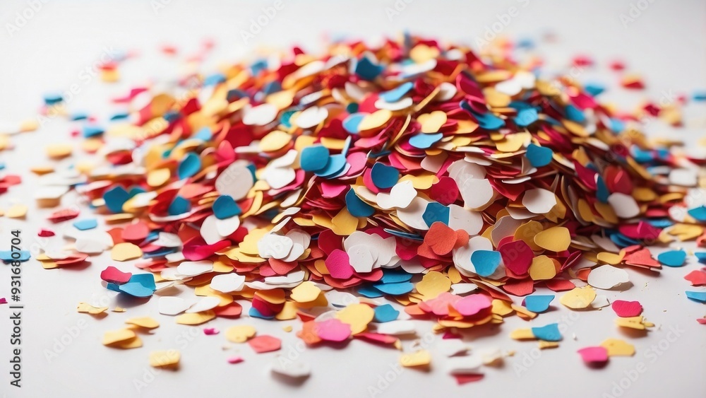 Colorful confetti on a white background, vibrant and lively. Colorful confetti on a white background, vibrant and lively.