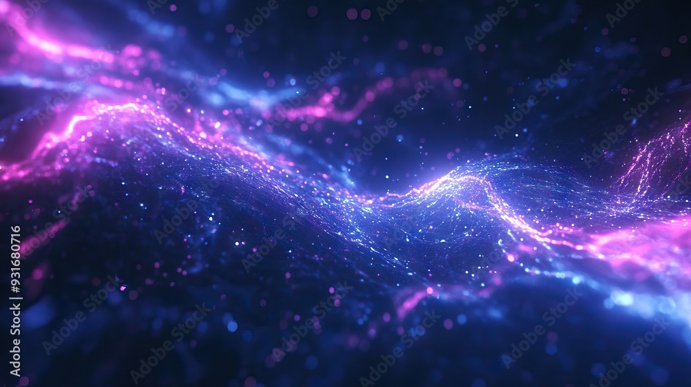 Digital background with glowing data particles in blue and purple tones, creating an atmosphere of innovation with flowing light trails on a dark grey backdrop. AI generated illustration Digital background with glowing data particles in blue and purple tones, creating an atmosphere of innovation with flowing light trails on a dark grey backdrop. AI generated illustration
