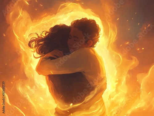 Embrace of Love and Fire: Passionate Hug Amidst Fiery Blaze in Digital Art