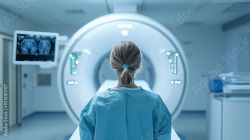 Medical professional preparing for mri scan in modern imaging facility.