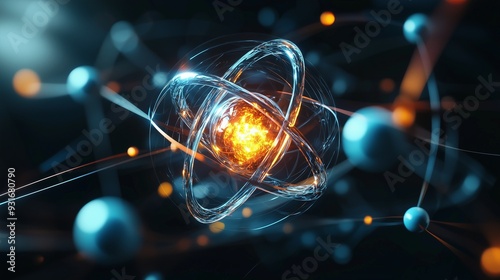 Visualization of atomic structure with electrons orbiting a nucleus, representing fundamental concepts in quantum mechanics. photo