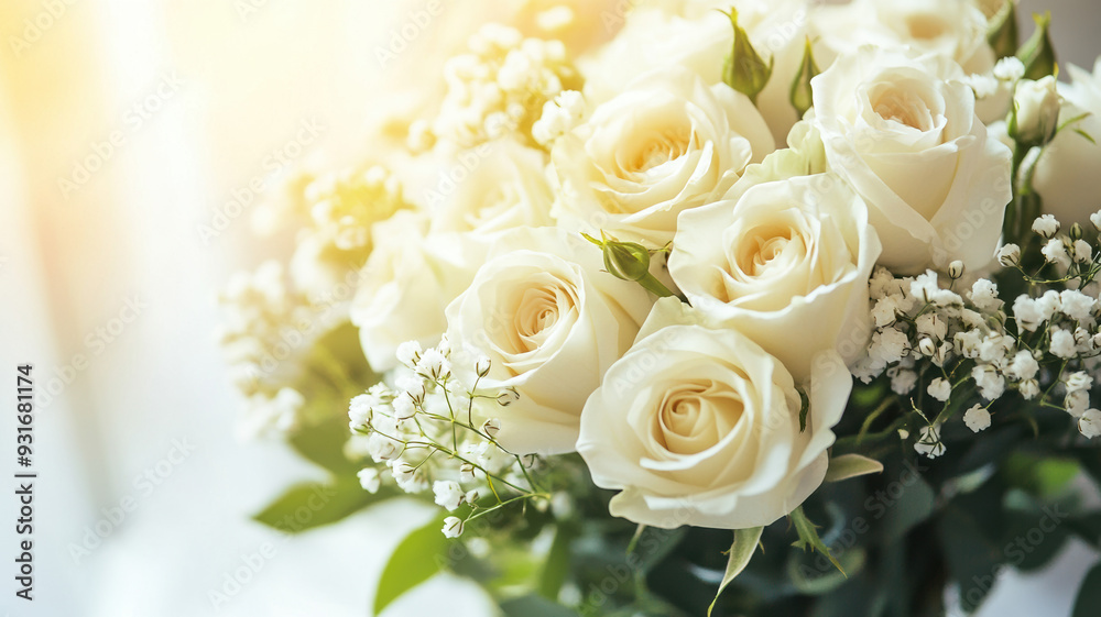 A delicate bouquet of white roses and gypsophila with green leaves, crafted by a florist, set in a bright, sunlit modern interior, radiating happiness and peace. A delicate bouquet of white roses and gypsophila with green leaves, crafted by a florist, set in a bright, sunlit modern interior, radiating happiness and peace.