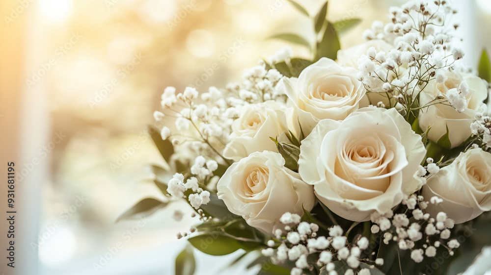 Fototapeta premium A delicate bouquet of white roses and gypsophila with green leaves, crafted by a florist, set in a bright, sunlit modern interior, radiating happiness and peace.