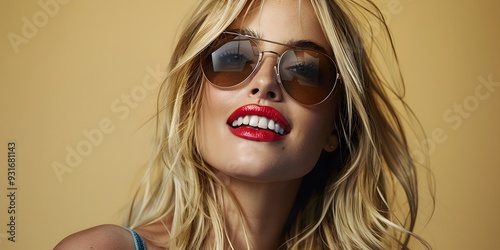 Smiling blonde in sunglasses with red lips