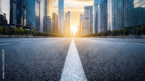 Empty asphalt road with modern skyscrapers in the background, sunlight illuminating a city street scene in an urban center during daylight. AI generated illustration