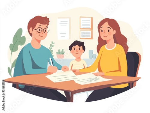 Family Signing Documents Together: Parental Approval and Child Participation in Home Office Setting