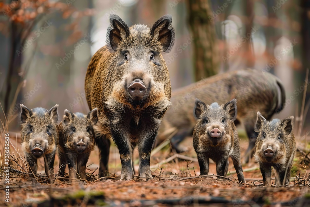 Wild Boar Family Portrait, Group of Wild Pigs in Natural Forest Habitat with Fall Foliage Wild Boar Family Portrait, Group of Wild Pigs in Natural Forest Habitat with Fall Foliage