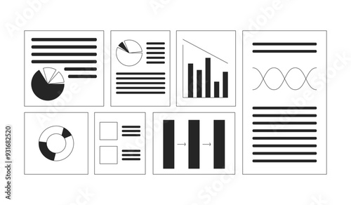 Business analysis reports black and white 2D line objects set. Graphs charts papers isolated vector outline items collection. Corporate growth. Data analytics monochromatic flat spot illustrations