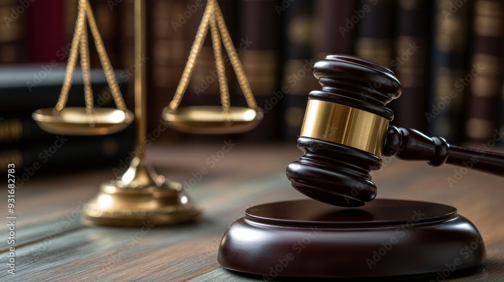 Gavel and Scale of Justice on Wooden Surface Gavel and Scale of Justice on Wooden Surface
