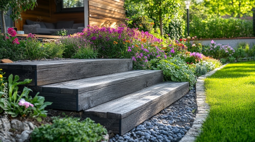 Serene Garden Pathway with Wooden Steps and Flowers