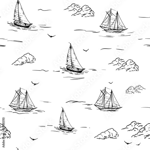 Obraz na płótnie Yachts, seamless, pattern, realistic sketch, hand drawn vector w salonie