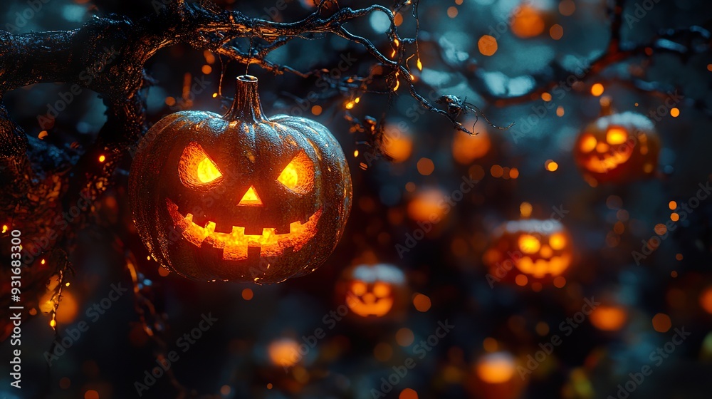 A spooky Halloween tree with jack-o'-lanterns hanging from its branches A spooky Halloween tree with jack-o'-lanterns hanging from its branches