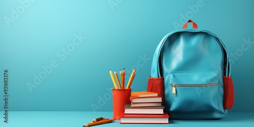 Wallpaper Mural Backpack and Books on Blue Background Torontodigital.ca