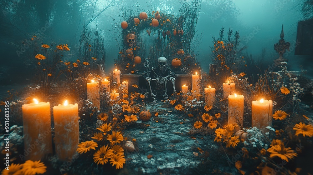 Obraz premium A spooky Halloween-themed garden with skeletons and eerie lighting