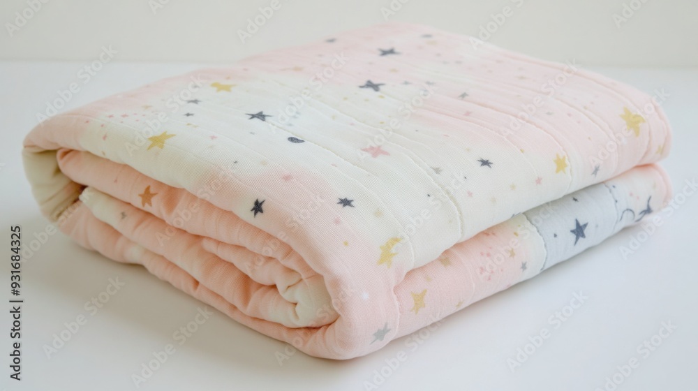 A soft pastel baby blanket neatly folded, with delicate patterns of stars and moons, set on a white background, [baby blanket], [gentle and cozy]