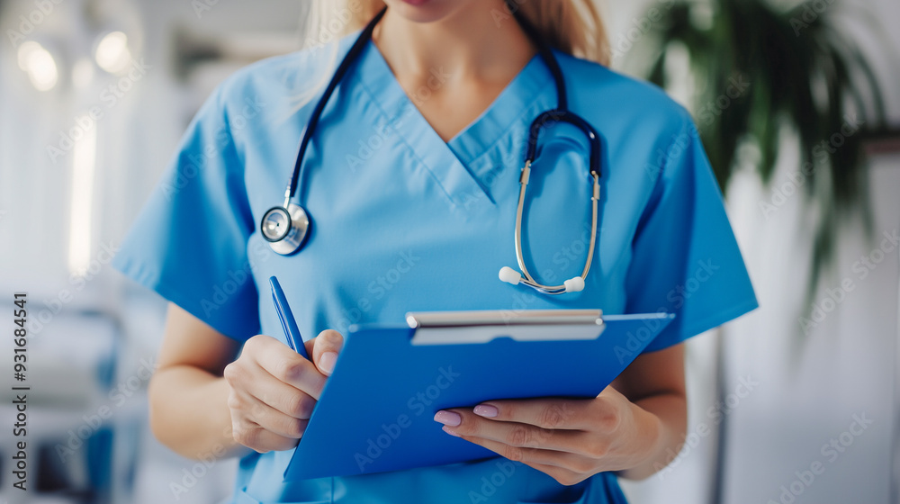A healthcare professional in blue scrubs holds a clipboard and pen, embodying precision and care in a medical setting, ready to take notes or review patient records. A healthcare professional in blue scrubs holds a clipboard and pen, embodying precision and care in a medical setting, ready to take notes or review patient records.