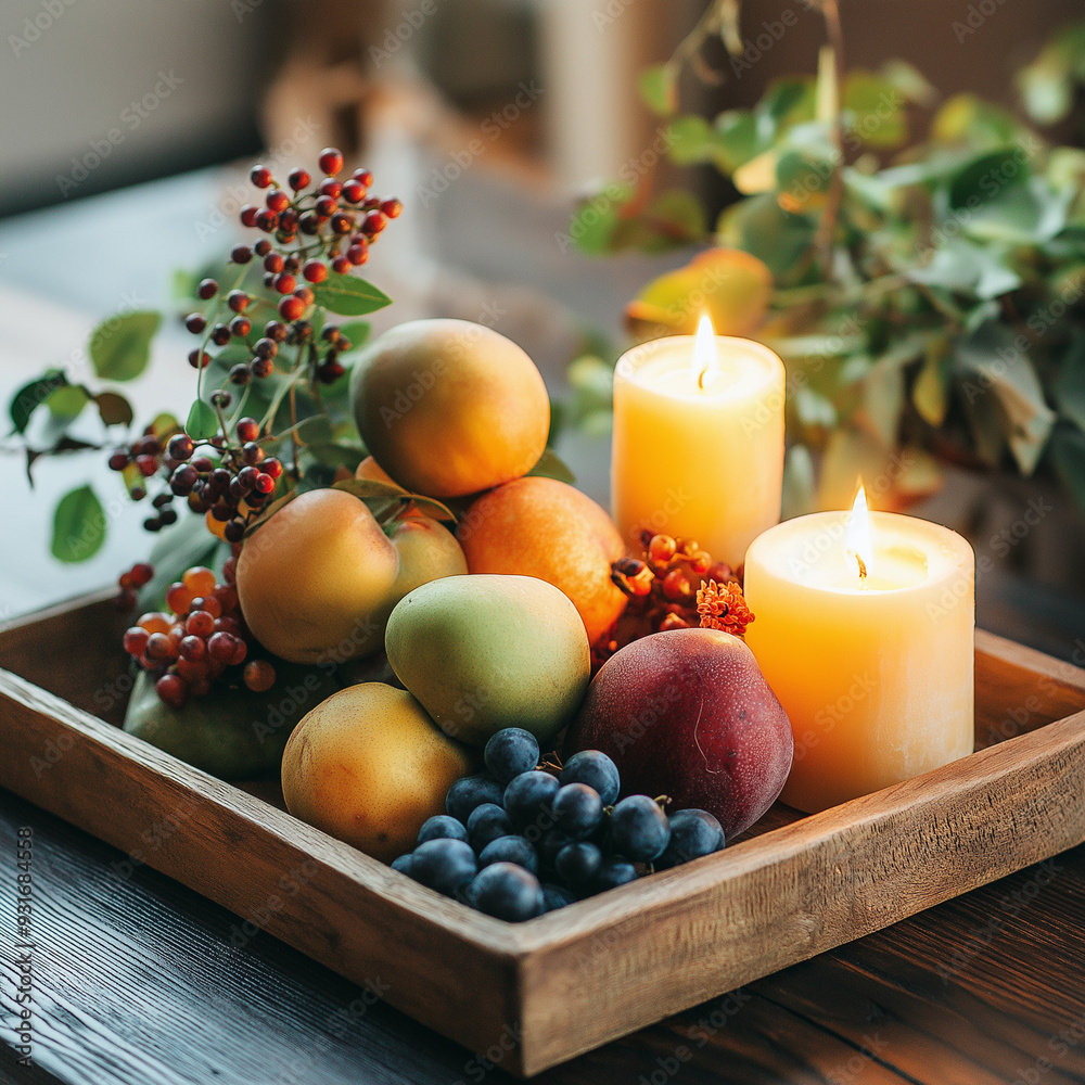 Rustic fall centerpiece featuring a wooden tray with seasonal fruits, foliage, and candles