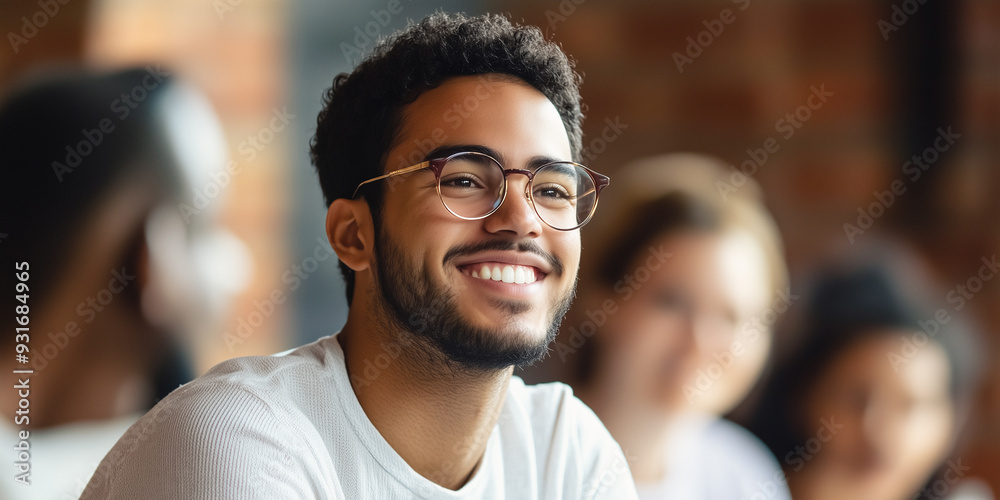 A young man with glasses smiles warmly while engaging with a group, radiating positivity and connection in a social or educational setting. A young man with glasses smiles warmly while engaging with a group, radiating positivity and connection in a social or educational setting.