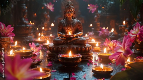 A traditional Diwali puja setup with idols, flowers, and offerings photo