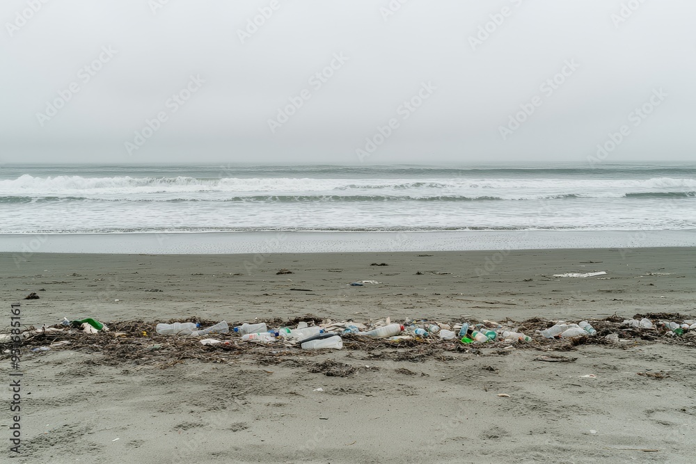Trash and Fishing Nets on Deserted Beach with Copy Space Trash and Fishing Nets on Deserted Beach with Copy Space