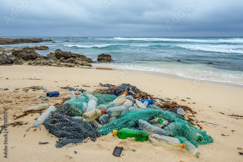 Washed-Up Trash and Plastic on Deserted Beach with Copy Space photo