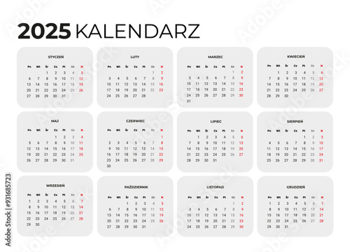 Calendar 2025 in Polish language. Vector template of corporate wall or desk calendar in bright colors