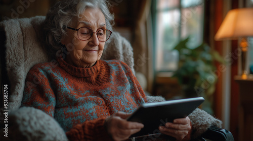 an old woman sitting on a couch using a tablet, embracing technology and enjoying a moment of connection and leisure