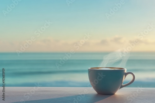 Steaming Coffee Cup with Ocean Background at Sunset